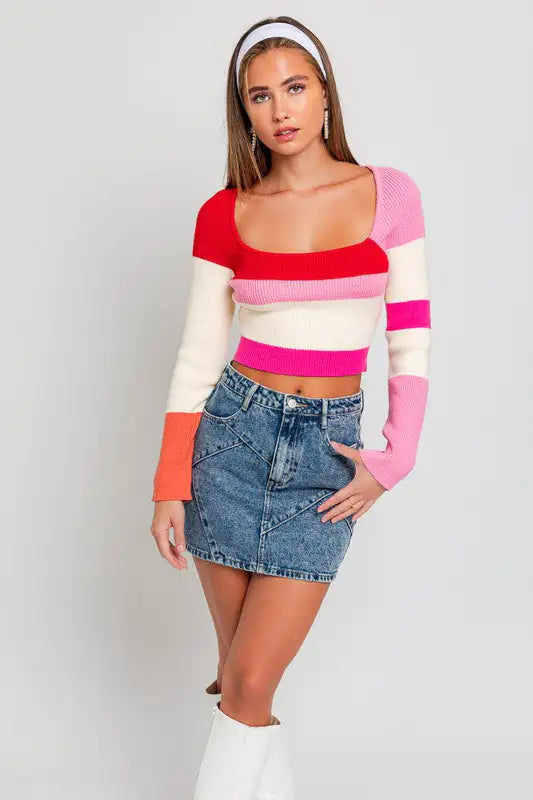 A Long Sleeve Color Block Stripe Knit Top