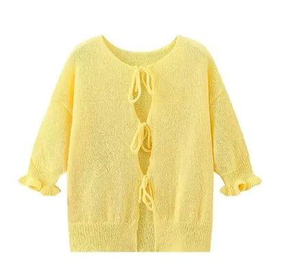 Yellow Long Sleeve Lace-Up Knitted Cardigan