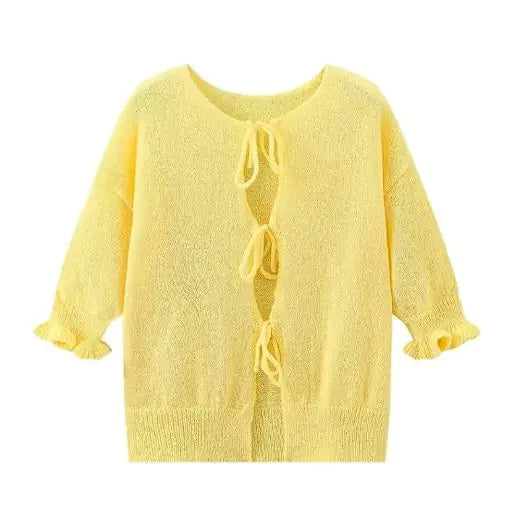 Yellow Long Sleeve Lace-Up Knitted Cardigan