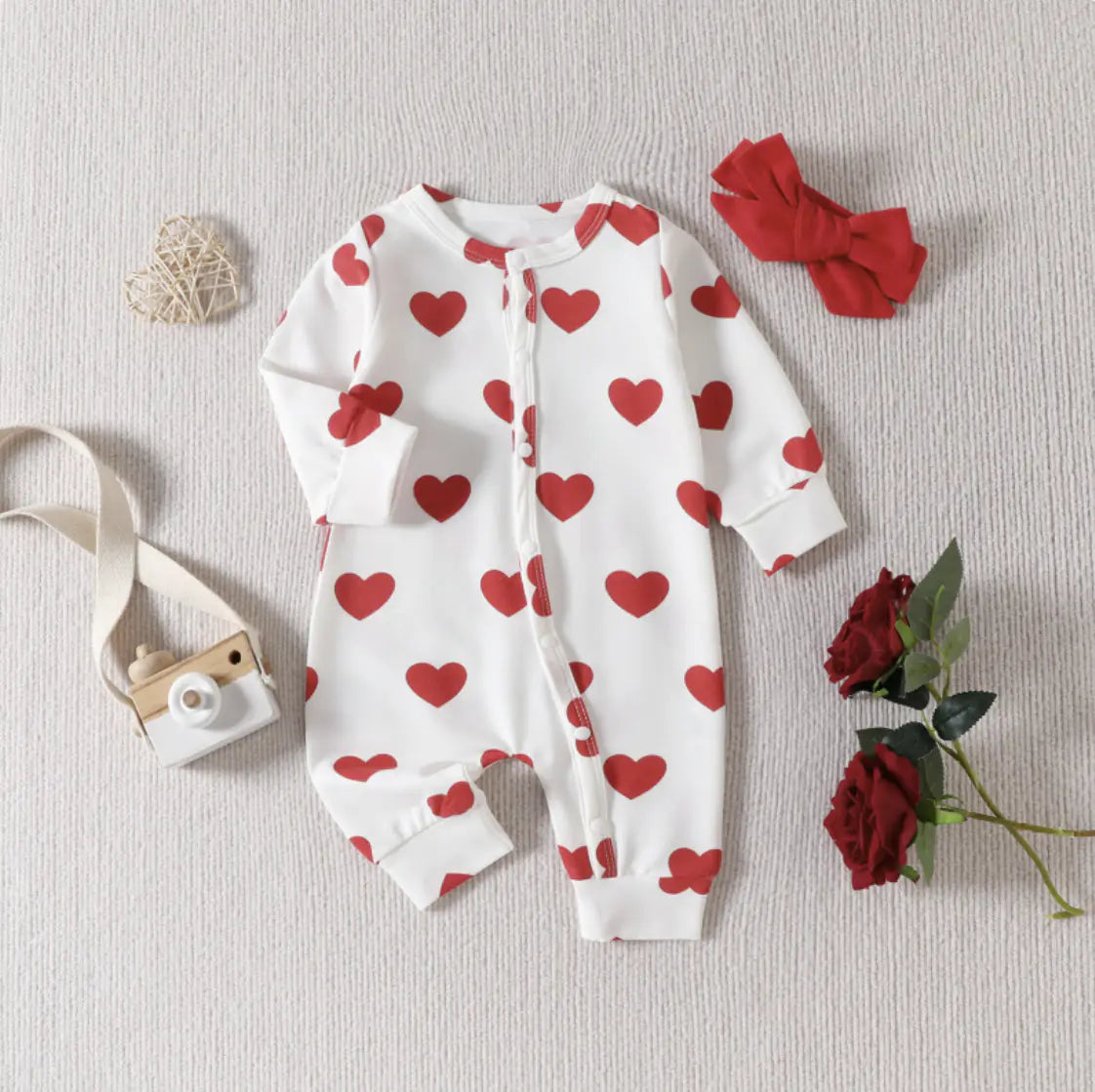 Infants And Toddlers One-piece Climbing Suit Valentine's Day Love Printed Clothes Headband Two-piece Set