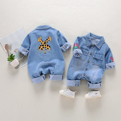 Newborn Denim Romper with Cartoon Design