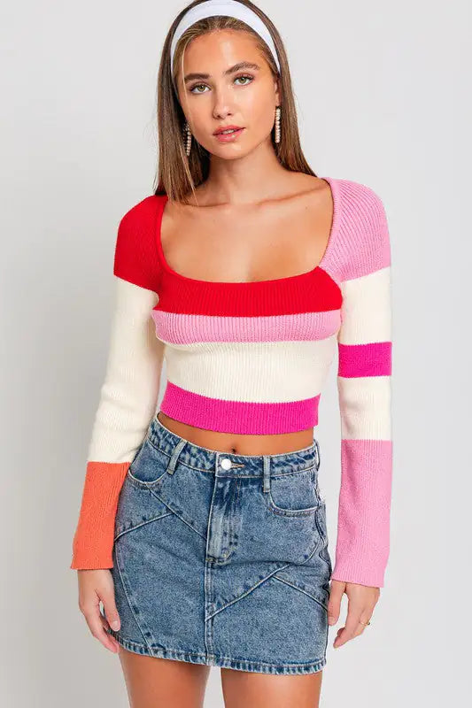 A Long Sleeve Color Block Stripe Knit Top