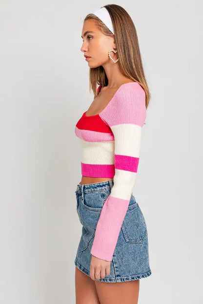 A Long Sleeve Color Block Stripe Knit Top