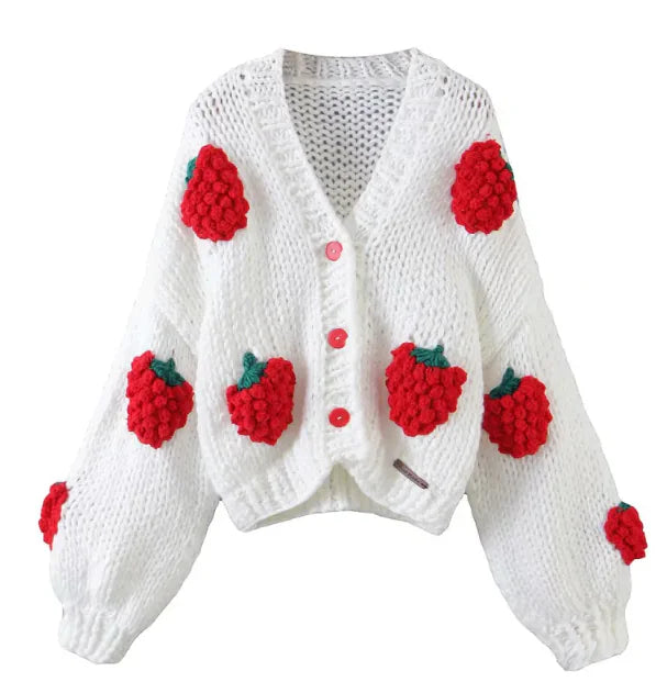 A Handmade Crochet Cardigan Sweater Women Fruit Jacquard Embroidery