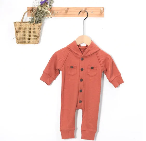 Baby's Waffle Pattern Long Sleeve Hooded Romper