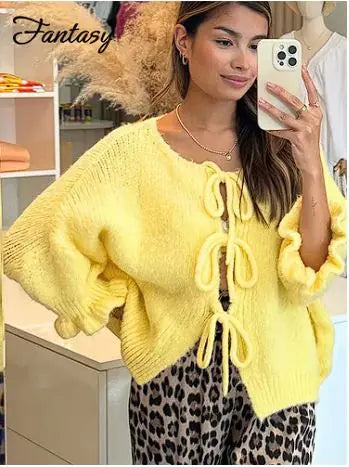 Yellow Long Sleeve Lace-Up Knitted Cardigan