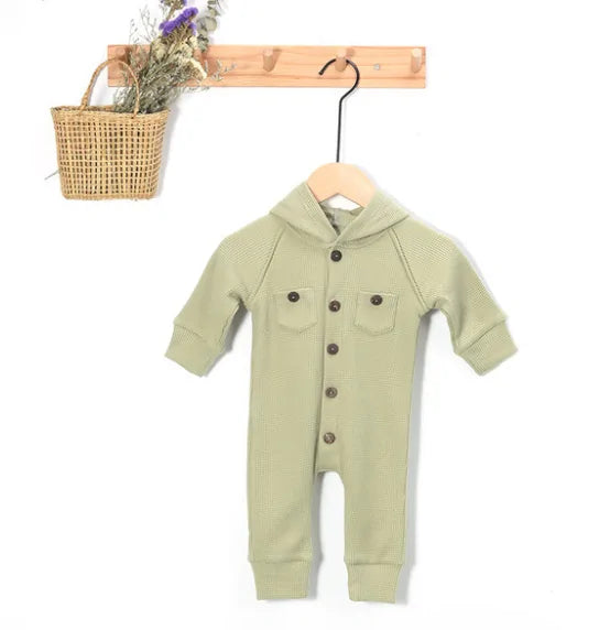 Baby's Waffle Pattern Long Sleeve Hooded Romper