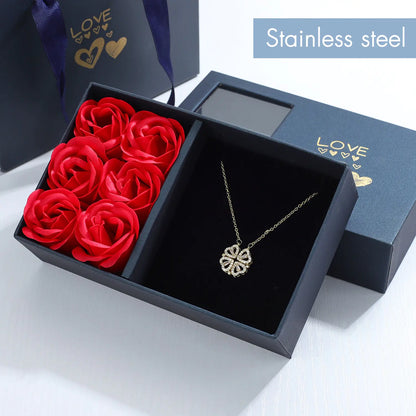 Rose Gift Box featuring the exquisite Four-Leaf Grass Necklace and Heart Necklace