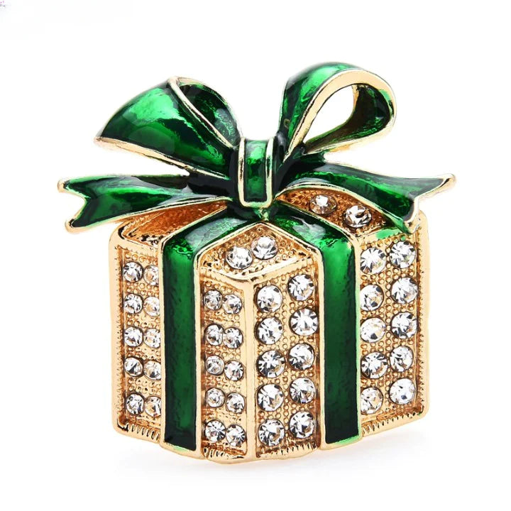 Rhinestone Enamel Gift Box Brooches