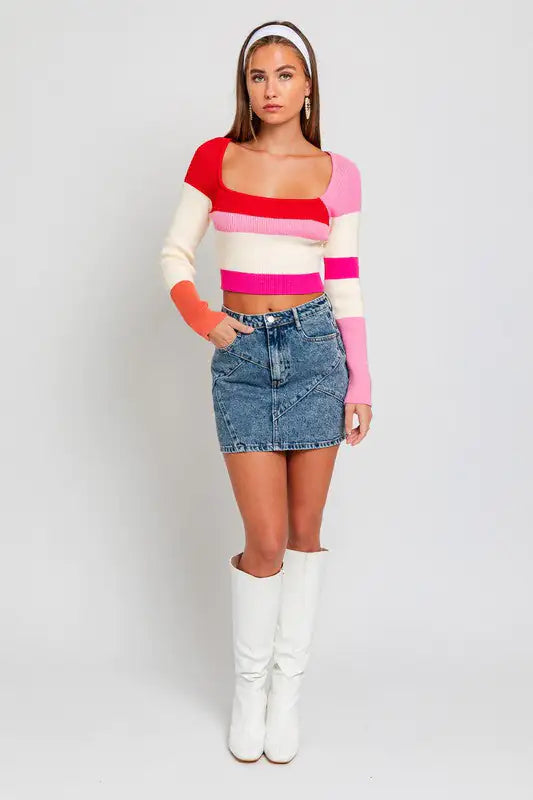 A Long Sleeve Color Block Stripe Knit Top