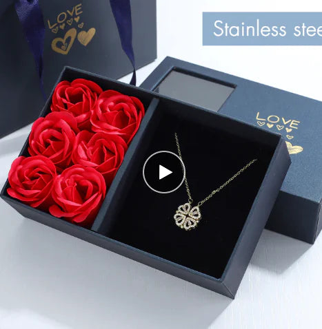 Rose Gift Box featuring the exquisite Four-Leaf Grass Necklace and Heart Necklace