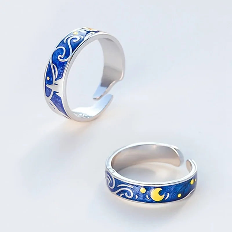 Adjustable Van Gogh Starry Night Couple Rings: Silver with Blue Stars - Valentine's Jewelry