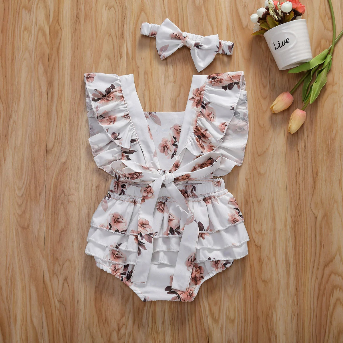 Baby Floral Romper Sleeveless Ruffled Jumpsuits With Headband