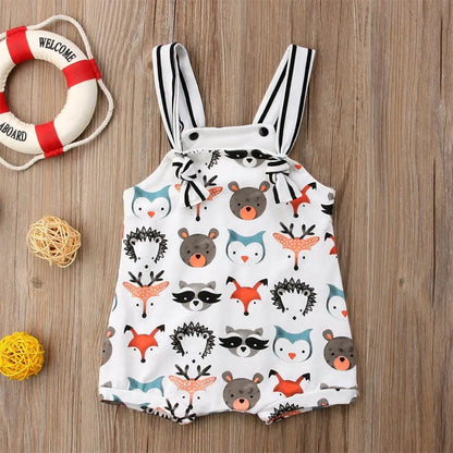 Newborn Baby Strappy Romper Jumpsuit: Cartoon Animals Print, 0-24M